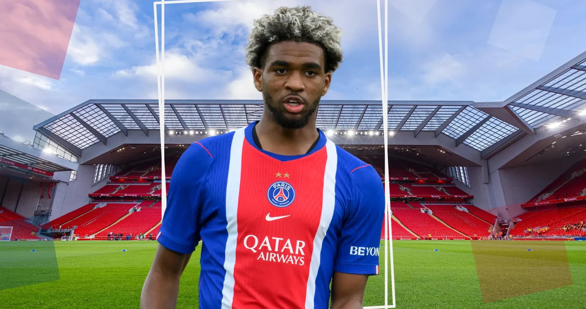 Player in PSG jersey at Anfield stadium Player in PSG jersey at Anfield stadium