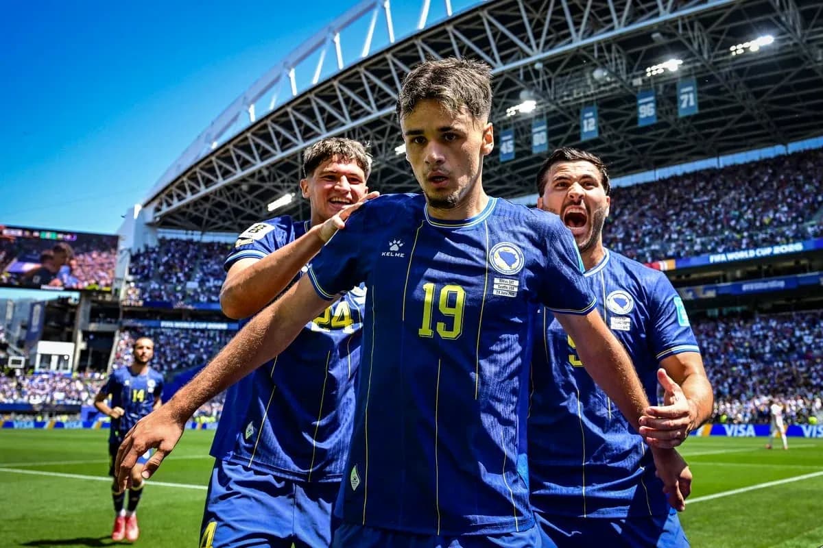 Bosnia players celebrating goal during World Cup match Bosnia players celebrating goal during World Cup match