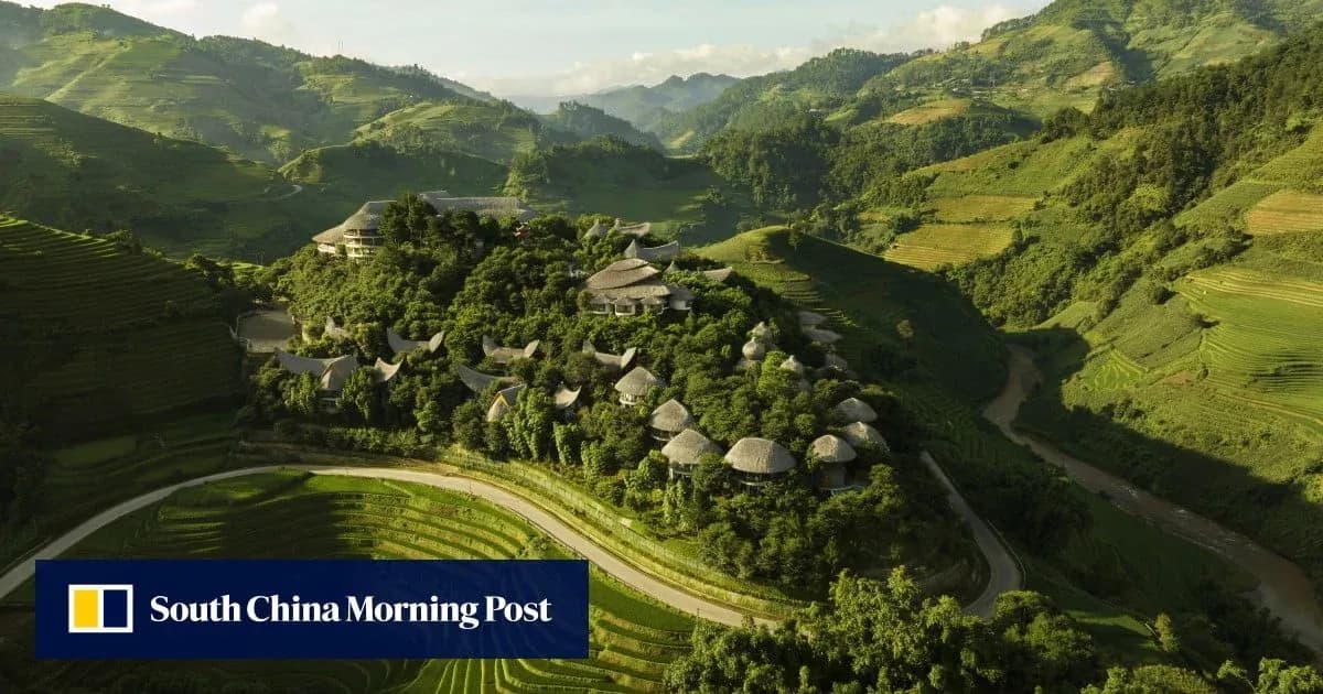Aerial view of terraced fields and hillside village Aerial view of terraced fields and hillside village