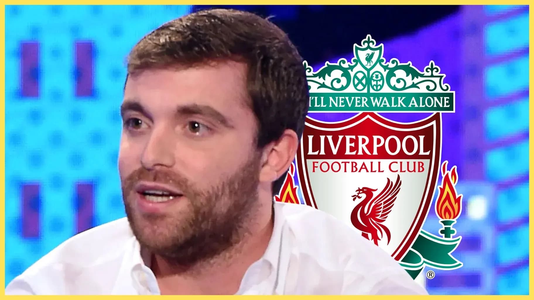 Person speaking with Liverpool FC logo in background Person speaking with Liverpool FC logo in background