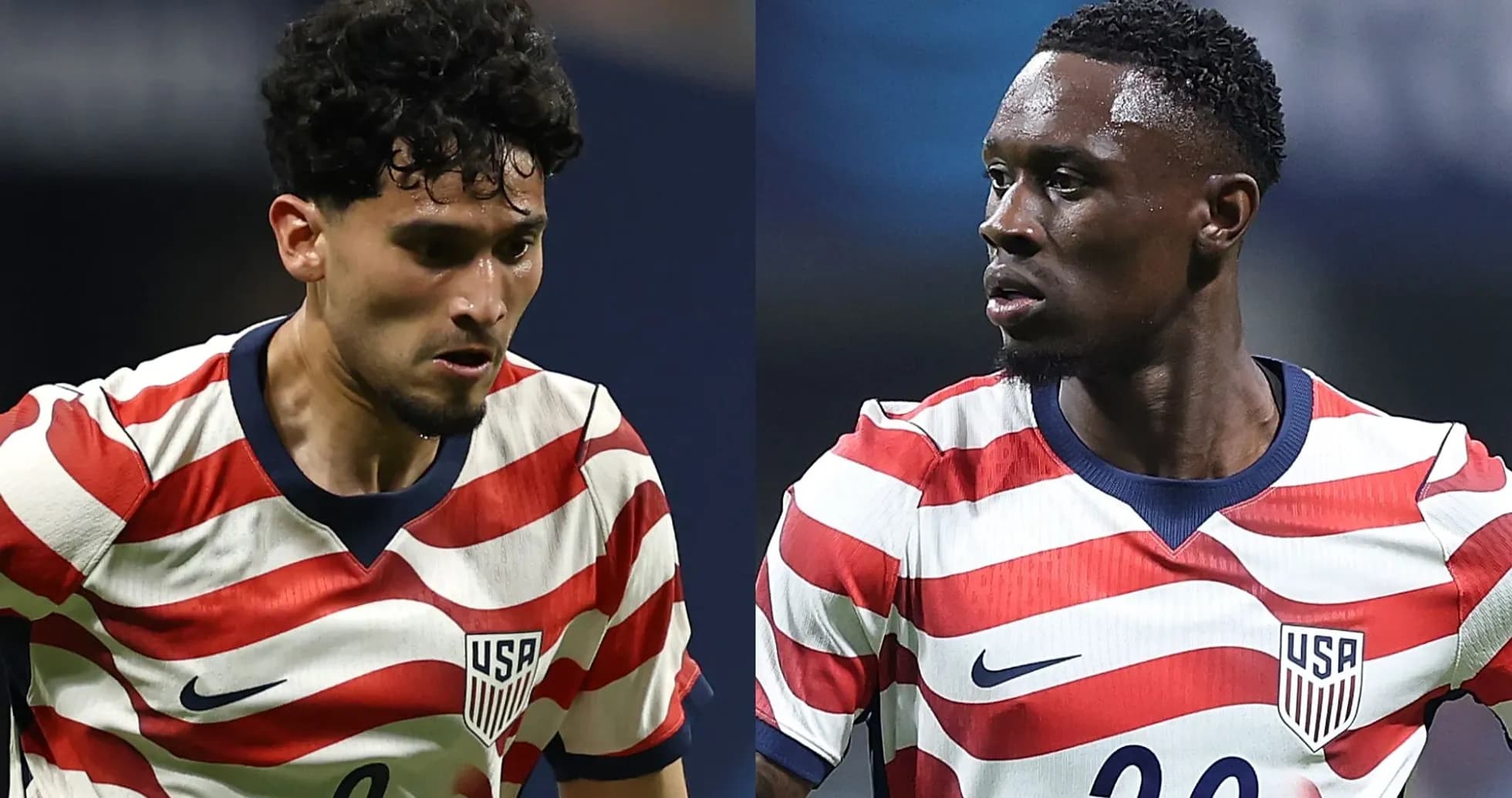 Two USA soccer players in striped jerseys during match Two USA soccer players in striped jerseys during match