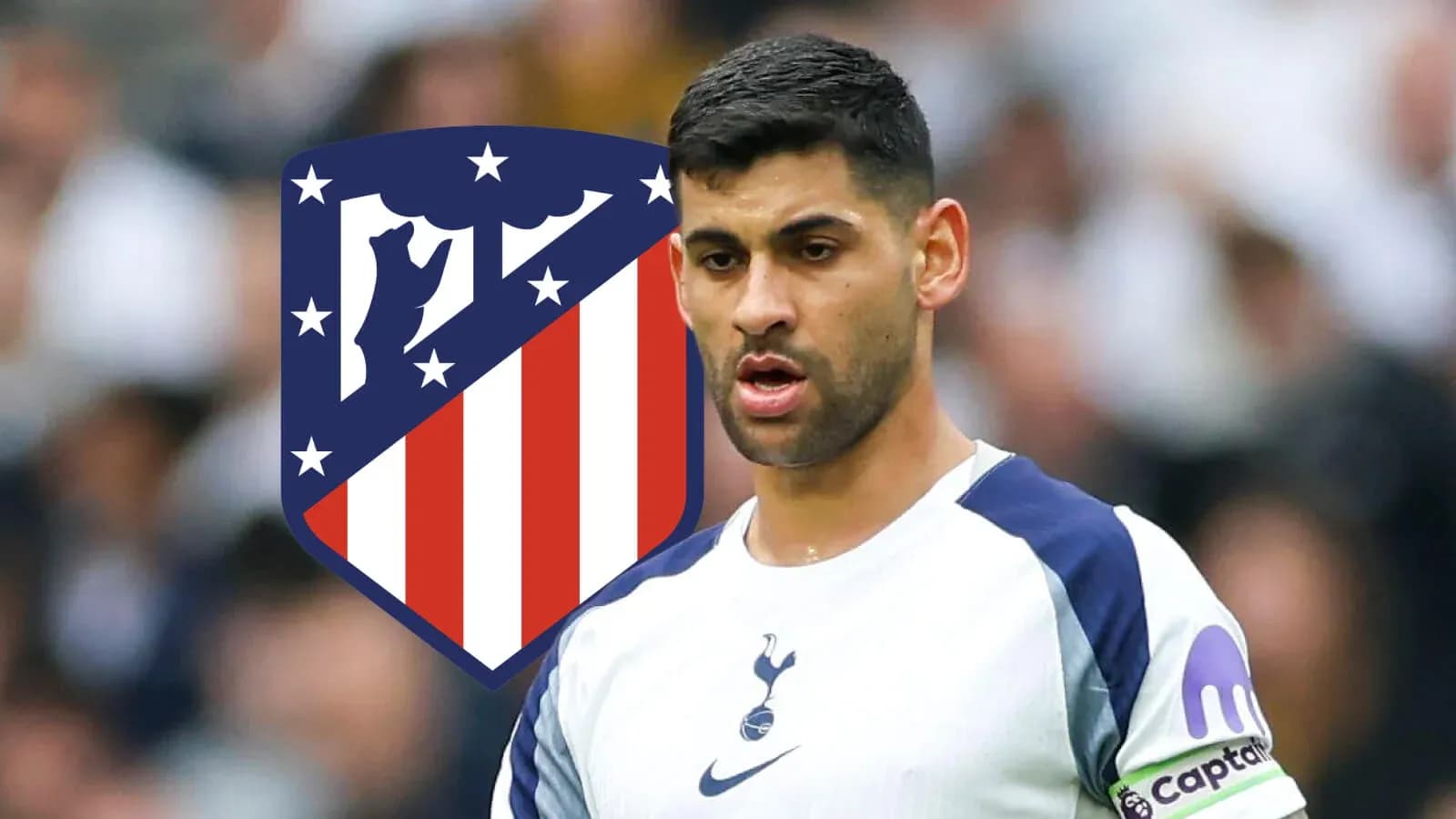 Player in Tottenham kit with Atlético Madrid logo background Player in Tottenham kit with Atlético Madrid logo background