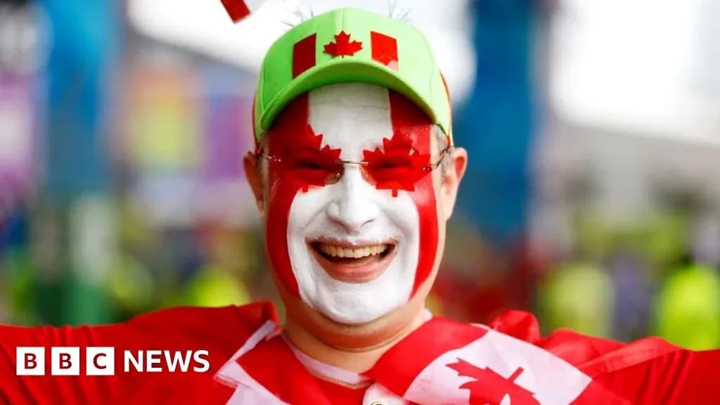 Fan celebrating with painted face and Canadian attire Fan celebrating with painted face and Canadian attire