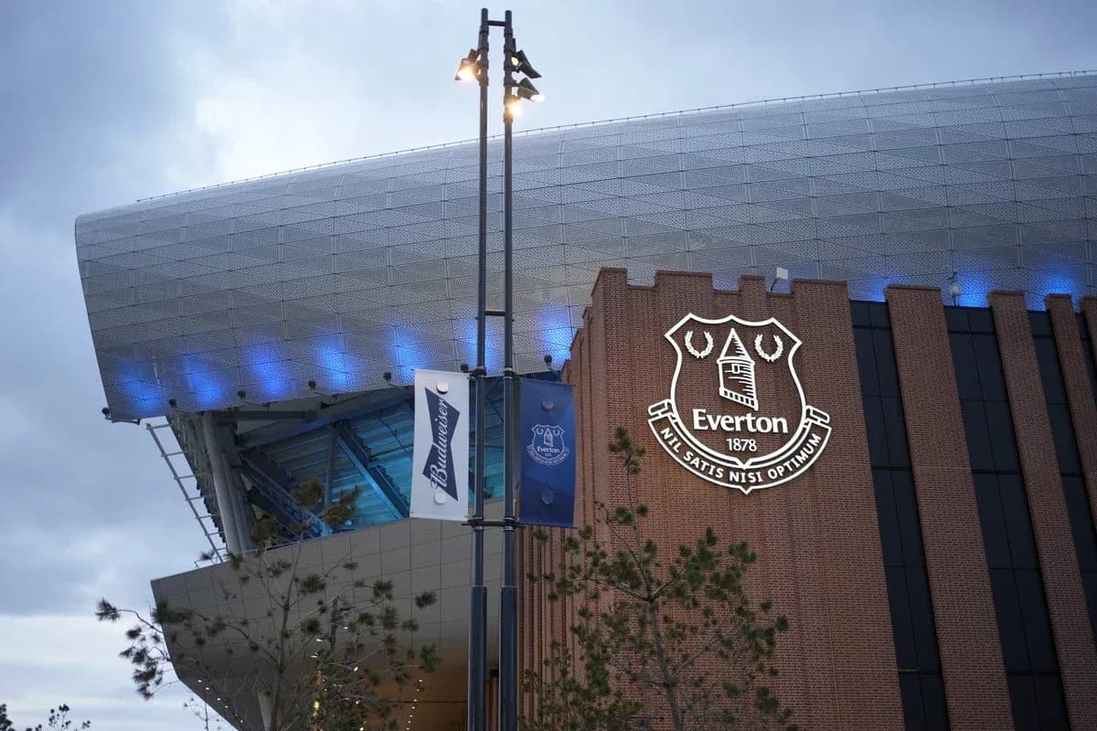 Exterior of Everton's stadium with club logo displayed Exterior of Everton's stadium with club logo displayed