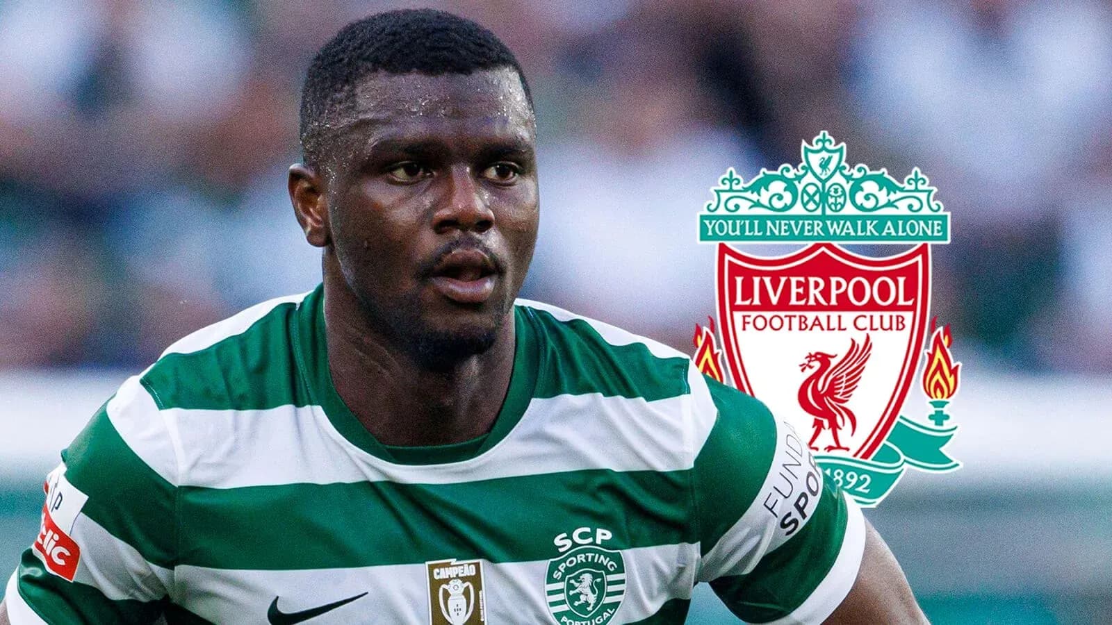 Player in Sporting CP kit with Liverpool logo background Player in Sporting CP kit with Liverpool logo background