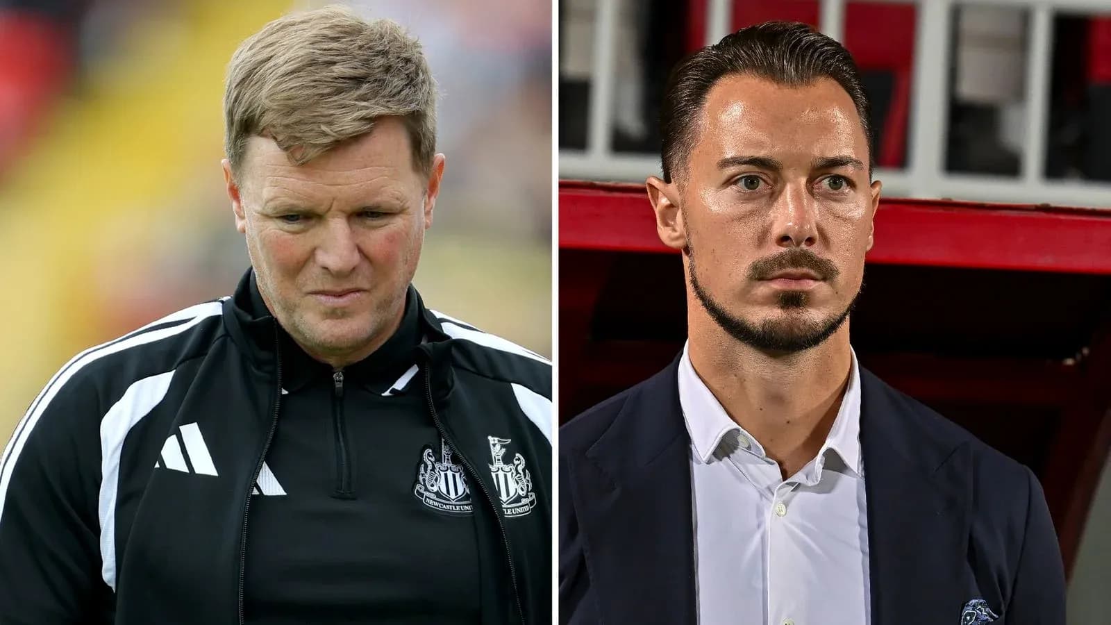 Two football managers during match preparations Two football managers during match preparations