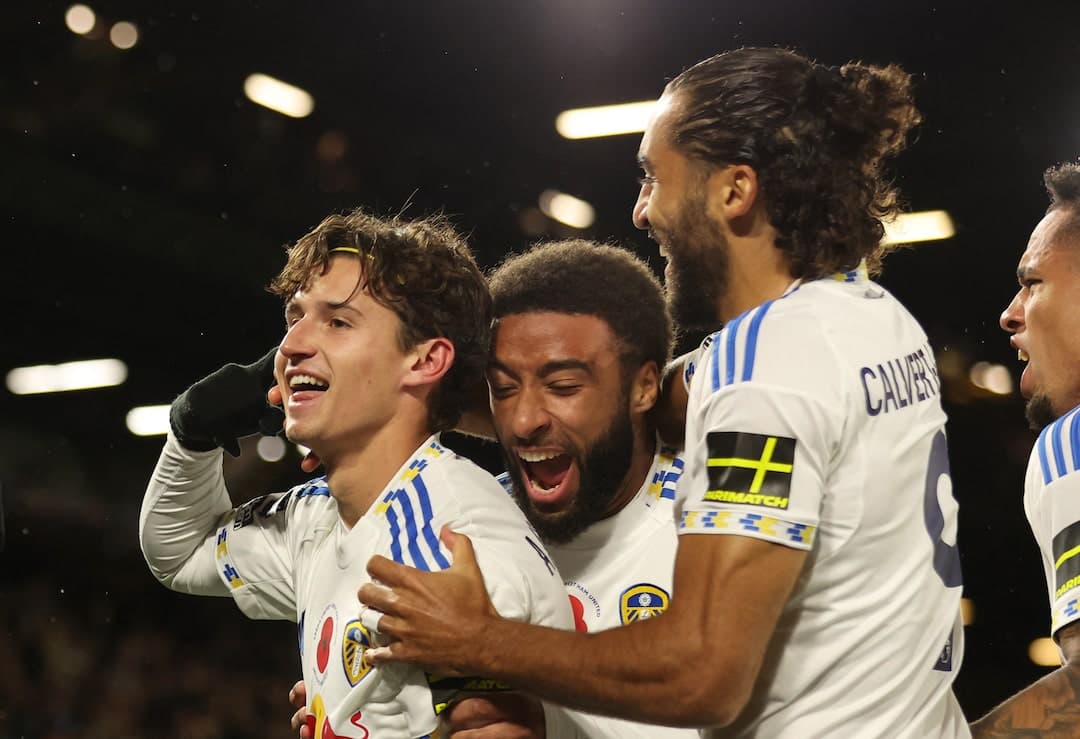 Leeds players celebrating a goal during match Leeds players celebrating a goal during match