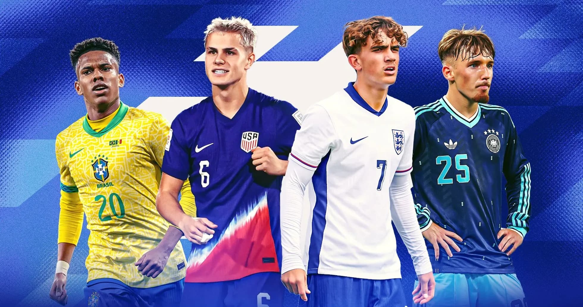Four young football players in national jerseys Four young football players in national jerseys