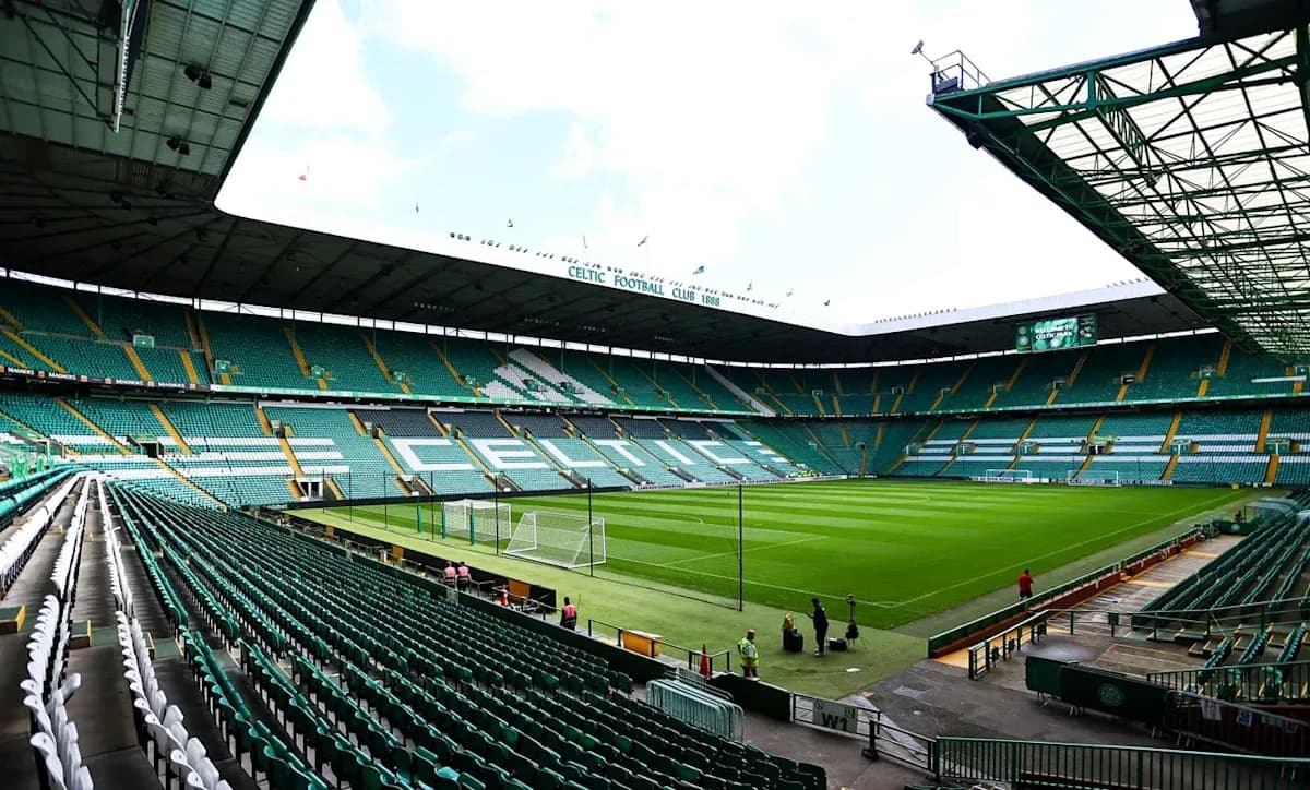 Celtic Park stadium with empty seats and pitch Celtic Park stadium with empty seats and pitch