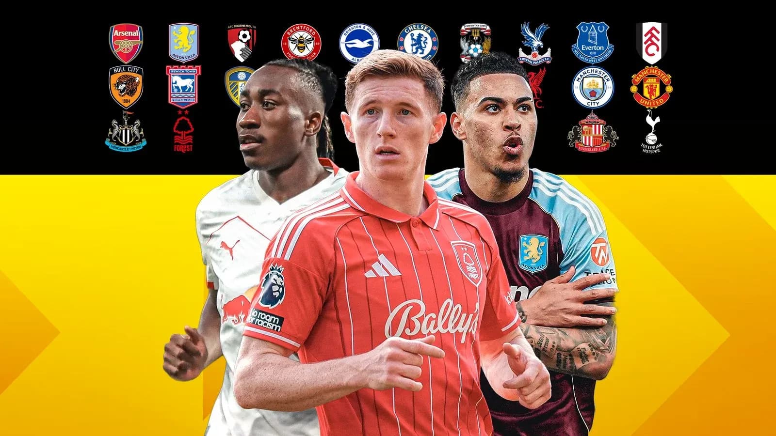 Three football players in front of club logos Three football players in front of club logos
