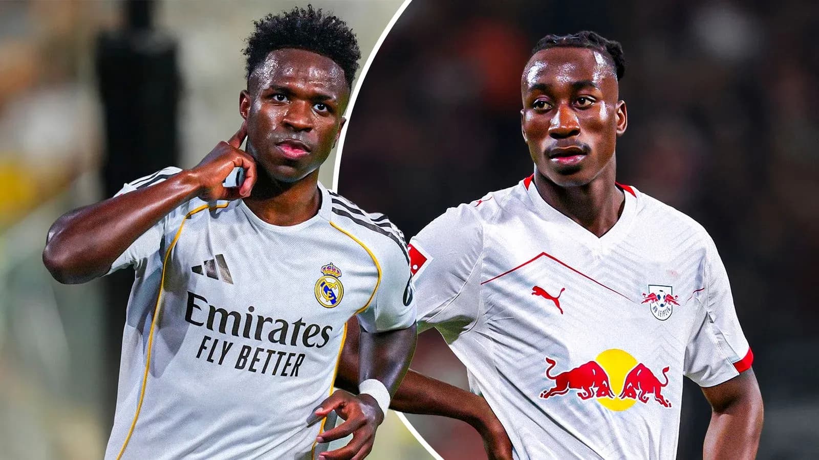 Vinicius Jr. and player from RB Leipzig in jerseys Vinicius Jr. and player from RB Leipzig in jerseys