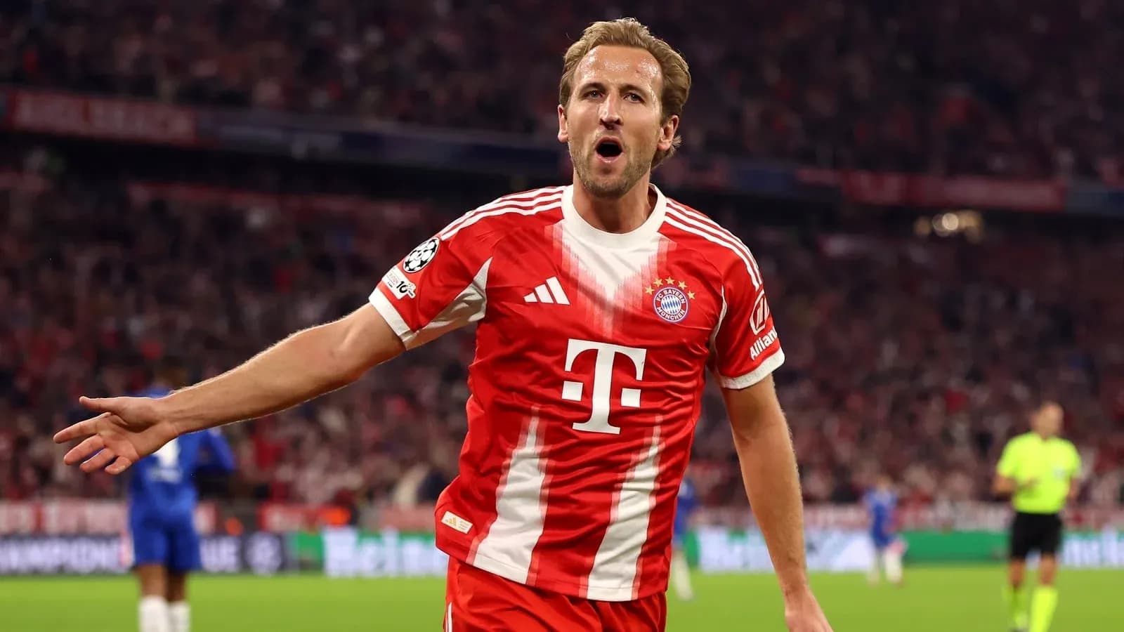 Bayern Munich player celebrating a goal in stadium Bayern Munich player celebrating a goal in stadium