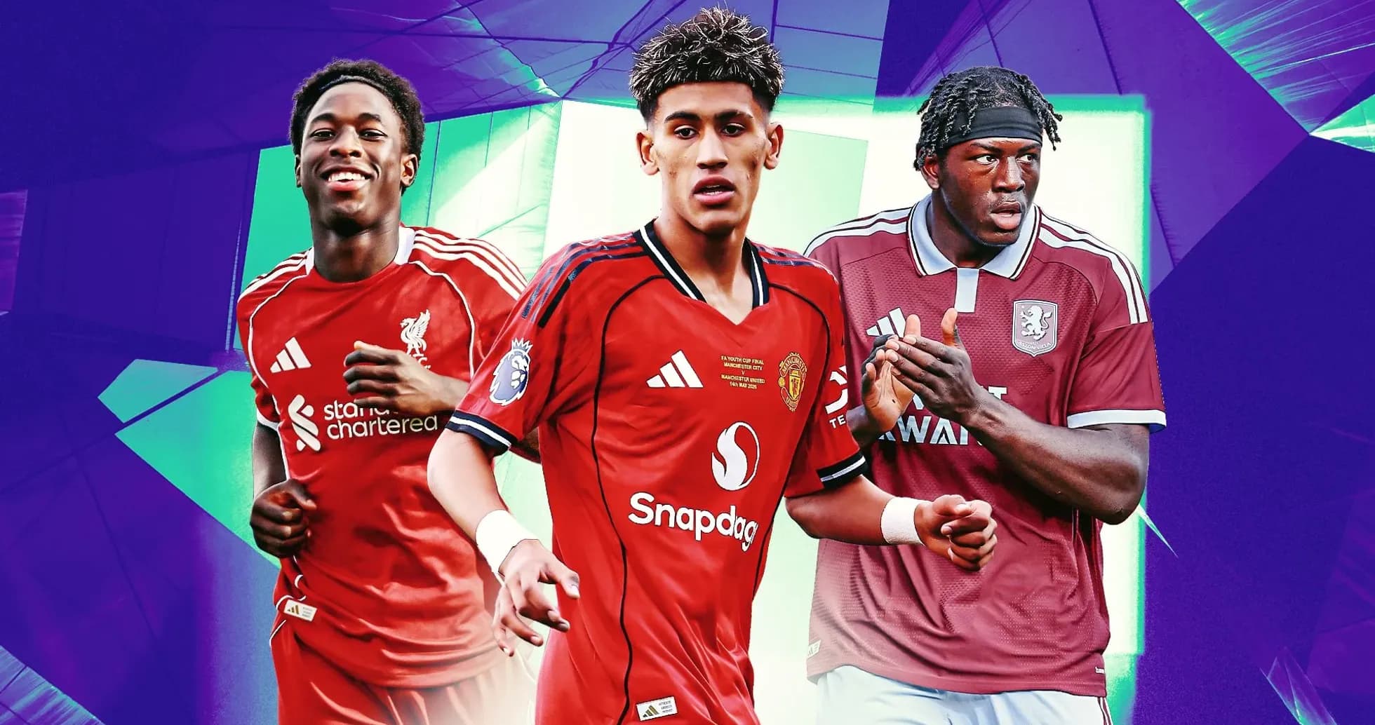 Three football players in club jerseys posing together Three football players in club jerseys posing together