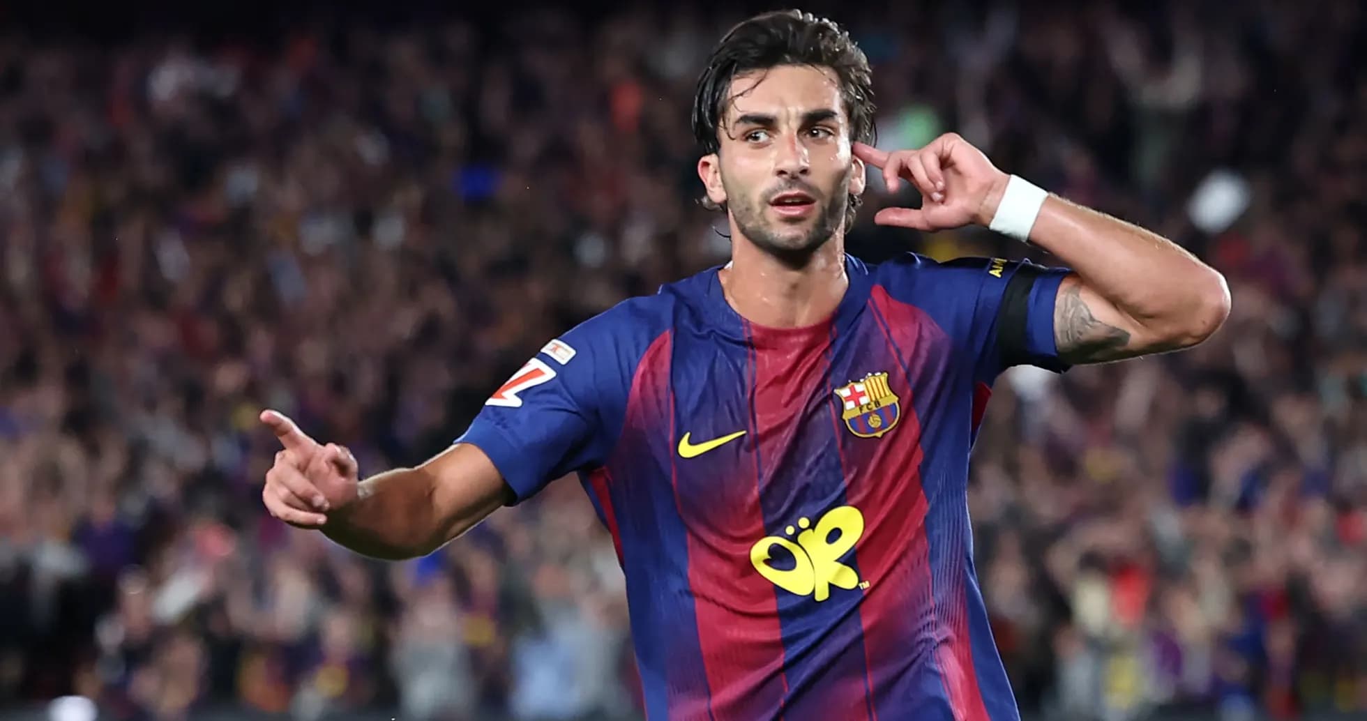 Player celebrating a goal for Barcelona in match Player celebrating a goal for Barcelona in match