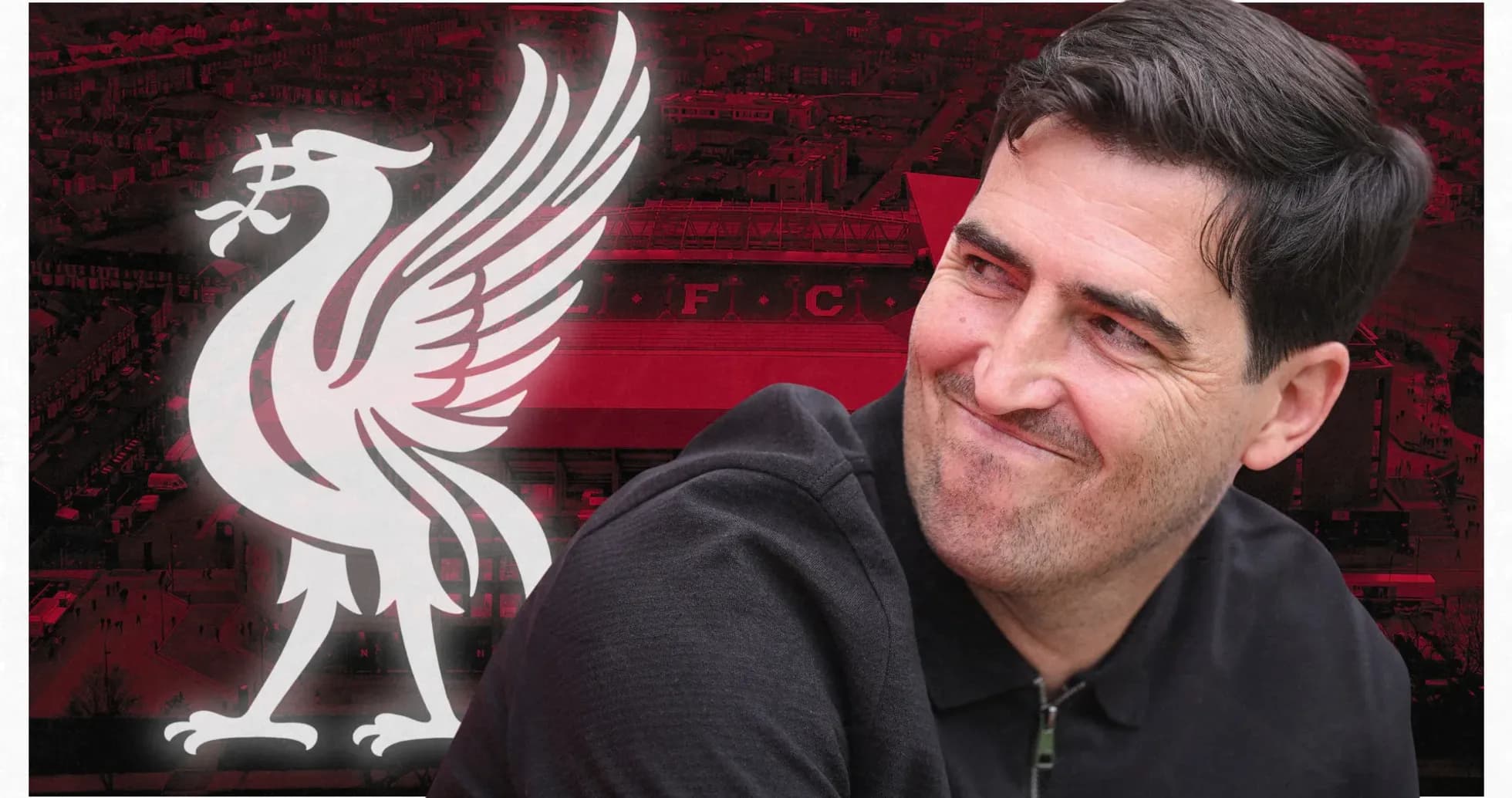 Person smiling with Liverpool FC logo in background Person smiling with Liverpool FC logo in background