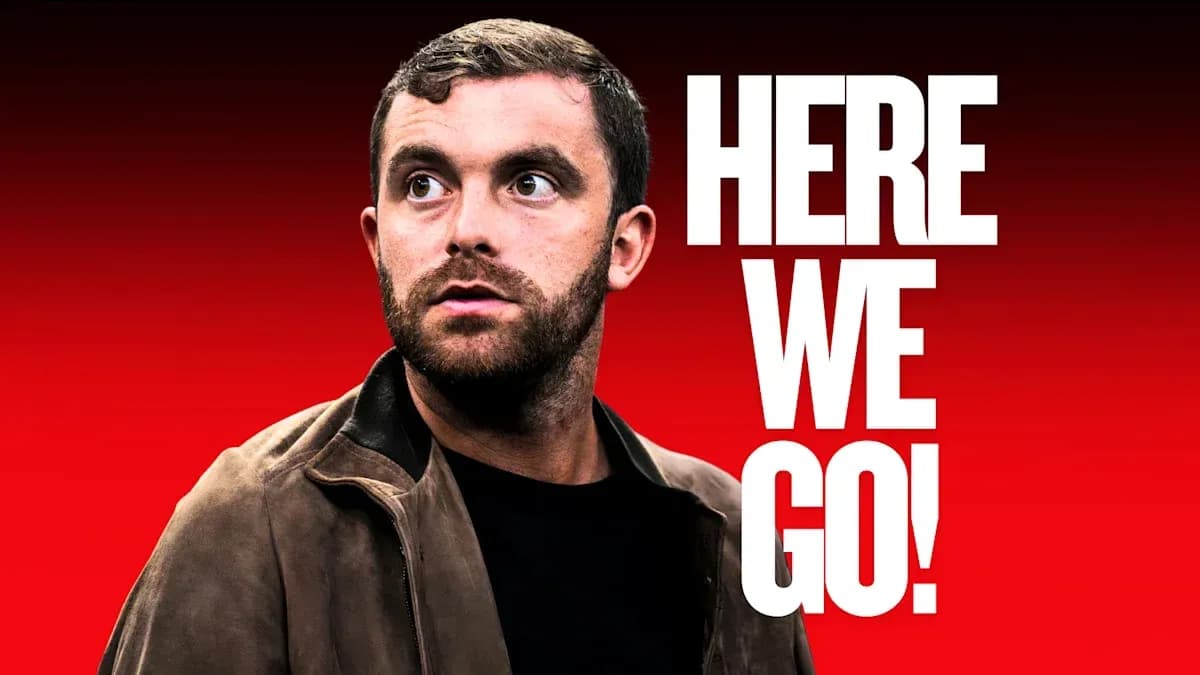 Person looking away with text 'HERE WE GO!' Person looking away with text 'HERE WE GO!'